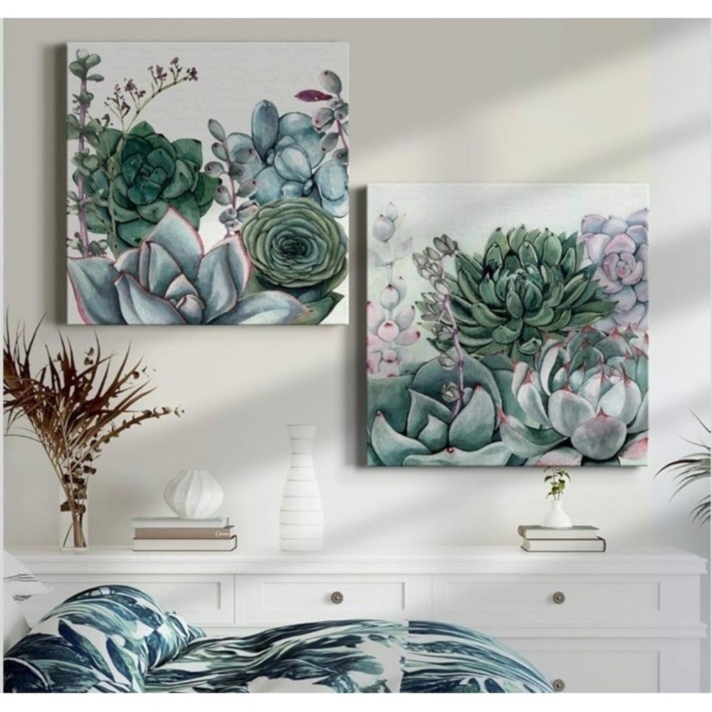 Succulent Botanical‎ Canvas Wall Art Set 2 Green Plant Prints 16x16 Gallery Wrap - Picture 2 of 6